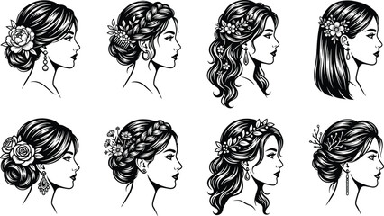 Obraz premium Female profile illustrations with floral hair ornaments black and white vector graphics woman face headshot portrait hairstyle ornament arrangement flower crown rose