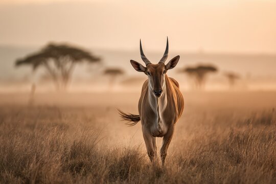 Dusk safari moment: eland bull on open grasslands with distant acacia silhouettes