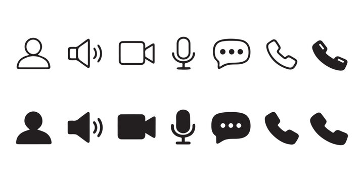 Communication and Video Call Icons Set &ndash; User Profile, Speaker, Camera, Microphone, Chat and Phone Vector Collection
