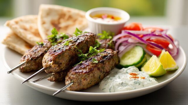 Homemade kofta kebabs on skewers with pita, lime, vegetables and yogurt-chili sauce on a white plate