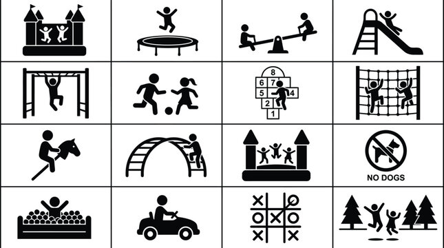 Children activities are displayed as a collection of black pictograms showing recreational equipment and playground games.