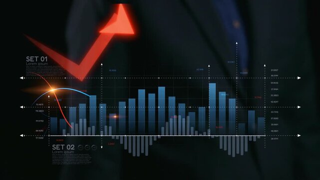 Economic caution visualized with fluctuating market graph, alert symbols, and negative data trends. Represents financial risk, market volatility, and economic uncertainty. Elide