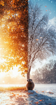 A groundhog sits under a tree, half in autumn leaves, half in winter snow, symbolizing Groundhog Day's prediction of an early spring
