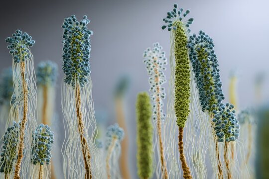 Scientific illustration of Penicillium fungus forming conidiophores and conidia on a neutral background
