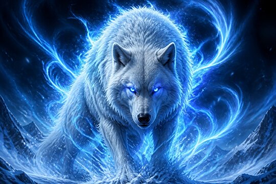 White wolf emitting blue energy advancing across frozen landscape