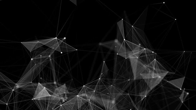 Abstract monochrome polygon network on black background, glowing nodes and thin connecting lines form a transparent digital mesh. Futuristic technology, data structure and communication concept for vi