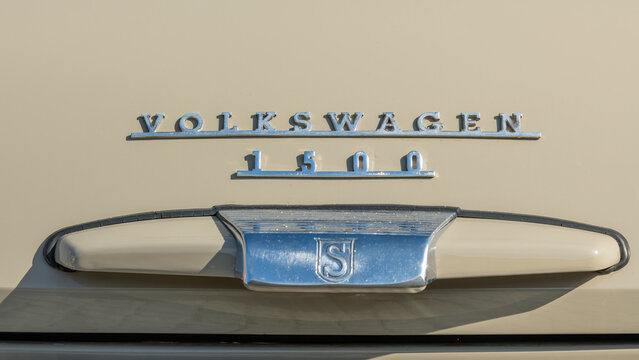 26 April 2026, Diepenbeek, Belgium. Volkswagen 1500 badge and rear emblem detail on vintage car