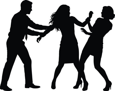 Professional silhouettes of three people in a physical struggle or workplace conflict involving aggression and defensive gestures