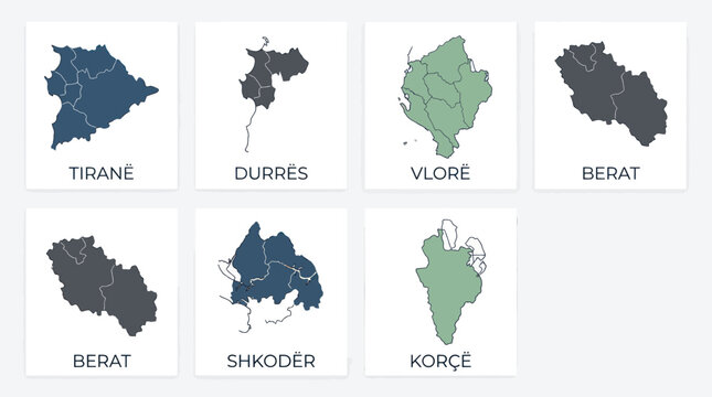 Albania Regions Map Collection: Tirane, Durres, Vlore, Berat, Shkoder, Korce