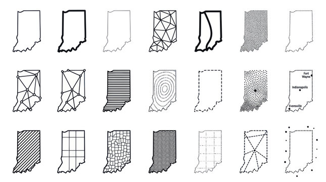 Indiana State Map Outline Variations: Geometric, Textured, and Line Art