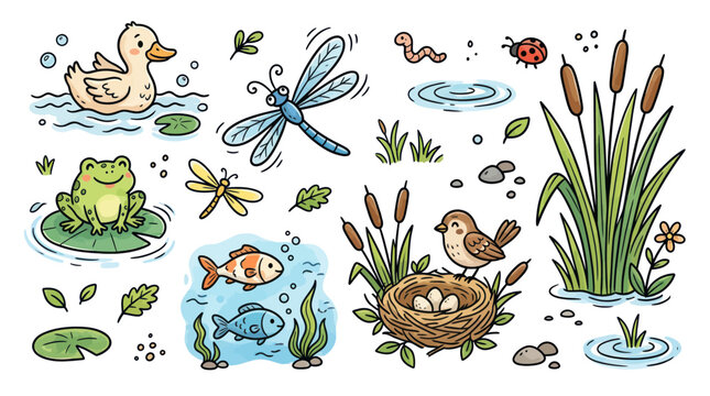 Cute Pond Animals and Insects Collection: Duck, Frog, Fish, Bird, Dragonfly