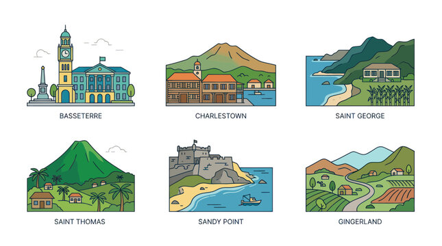 Caribbean Island Scenes: Basseterre, Charlestown, Saint George, Saint Thomas, Sandy Point, Gingerland