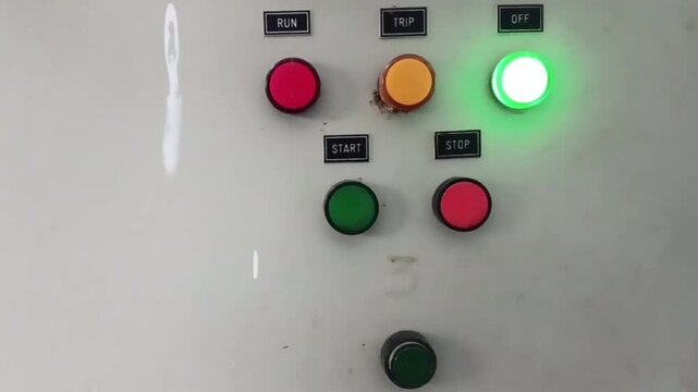 Star Delta Three Phase Motor Starter Control Panel Indication Lights Switching from Off to On Status
