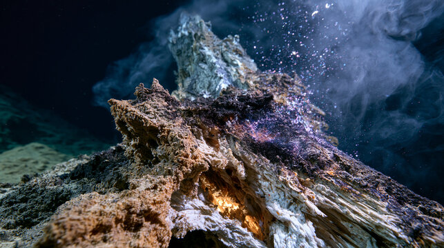 Abyssal hydrothermal vent chimney structure, sulfide mineral chimney with black smoker particulate plume, temperature gradient shimmering distortion visible, chemosynthetic microbial mat coating ext