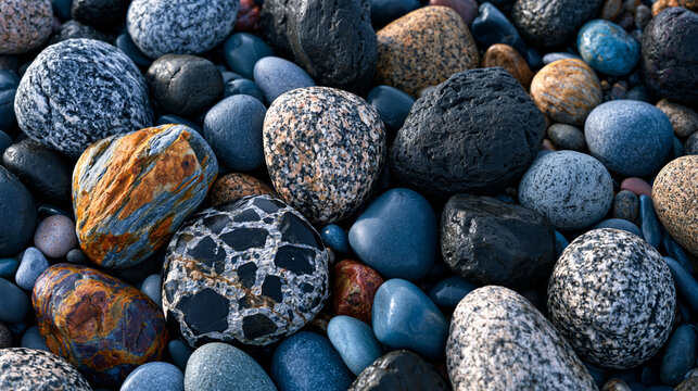 Aerial view of mixed pebble beach surface, wave-smoothed cobbles of granite schist basalt chert arranged by hydrodynamic sorting, littoral zone geological variety, coastal earth science documentatio