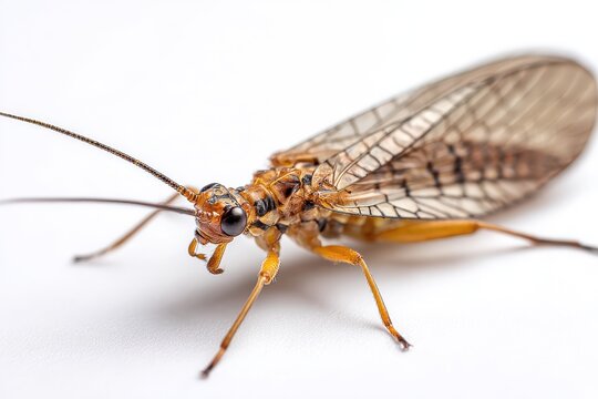 Closeup study of a stonefly with short wings isolated on white backdrop