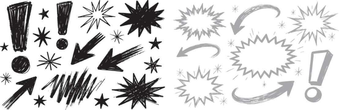 Hand drawn comic sketch elements vector set with arrows exclamation marks starbursts and stars for graphic design accents