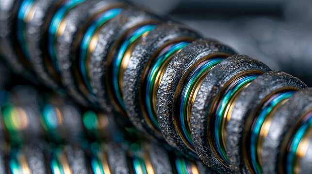Ball screw lead screw thread helix repeating in dense spiral pattern field, ground surface finish reflecting linear light strip in continuous unwinding repeat, unexpected scale macro study transform