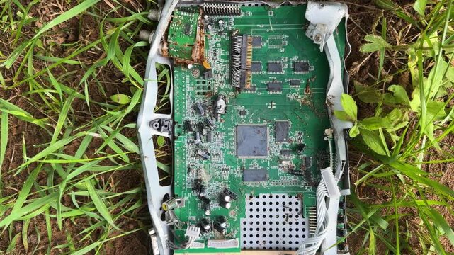 Discarded electronic circuit boards on the grass, environmental pollution by electronic waste and recycling of environmental technologies