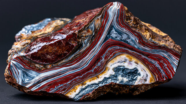 Banded iron formation jaspilite slab polished cross-section showing alternating red jasper and silver magnetite millimeter-scale laminations, Proterozoic ocean chemistry record, mineralogical specim
