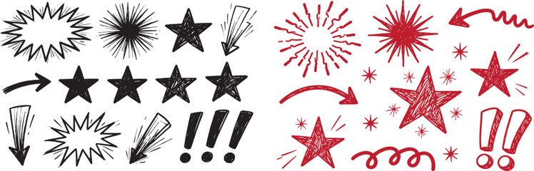 Obraz premium Hand drawn doodle design elements vector set with stars arrows speech bubbles and exclamation marks in black and red scribble style