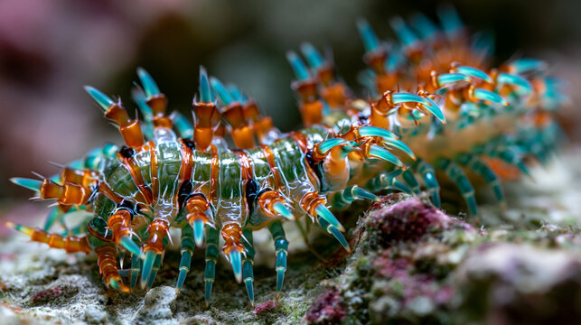 Bristle worm Polychaeta chaetal bundle array macro, parapodia appendage with acicular and notopodial seta bristle architecture, segmental body wall musculature visible through cuticle, marine anneli