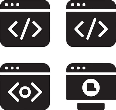 Four black glyph depicting computer windows with code brackets and a folder on white background de