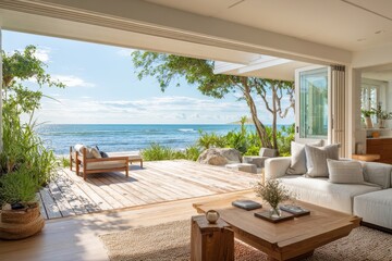 Fototapeta premium Coastal residence with fluid indoor-outdoor design, white interiors, warm textures, and panoramic sea views