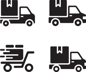 Naklejka premium Four black glyph representing delivery trucks and logistics services on a plain white background d