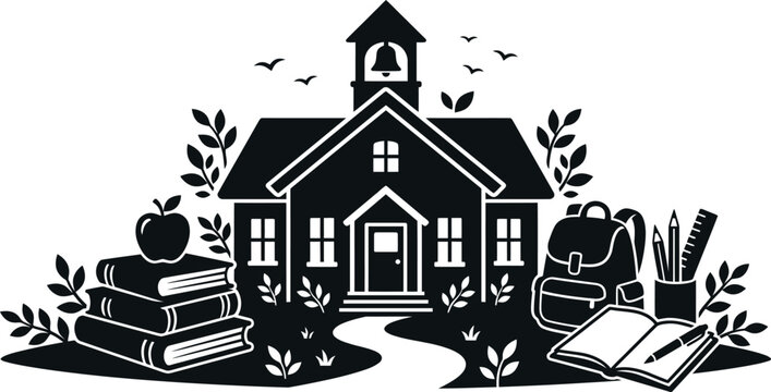 School Building with Education Elements Silhouette
