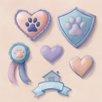 Pastel illustration set of emotional support animal emblems featuring heart and paw motifs