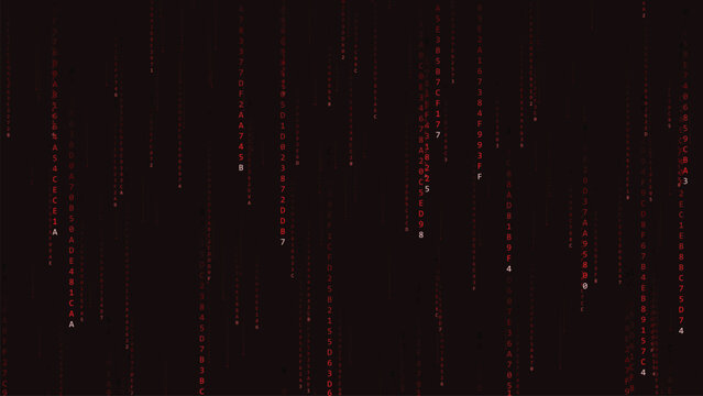 Cyber alert red hexadecimal code rain on dark background