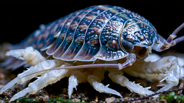 Deep sea isopod Bathynomus chitinous exoskeleton dorsal macro, segmental tergite plate array with compound eye facet detail, decapod appendage articulation joints revealed under diffuse cold light, 
