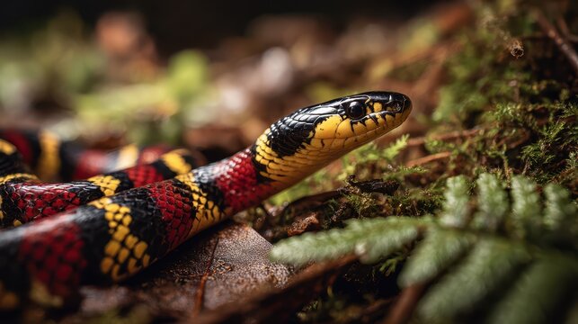 Macro wildlife portrait of an Eastern coral snake with striking banding
