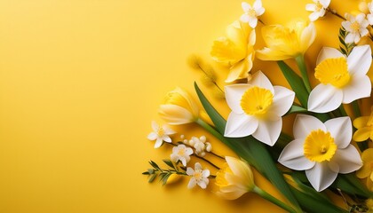 Fototapeta premium White And Yellow Spring Flowers On Yellow Background