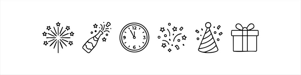 Fototapeta premium Minimalist New Year's Eve line icon set featuring fireworks, champagne, midnight clock, confetti, party hat, and gift box. Ideal for festive holiday designs and party invitations.