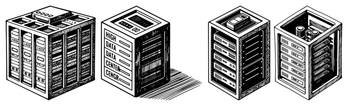 Data center server rack units set featuring isometric computer hardware and network equipment in black and white line art style