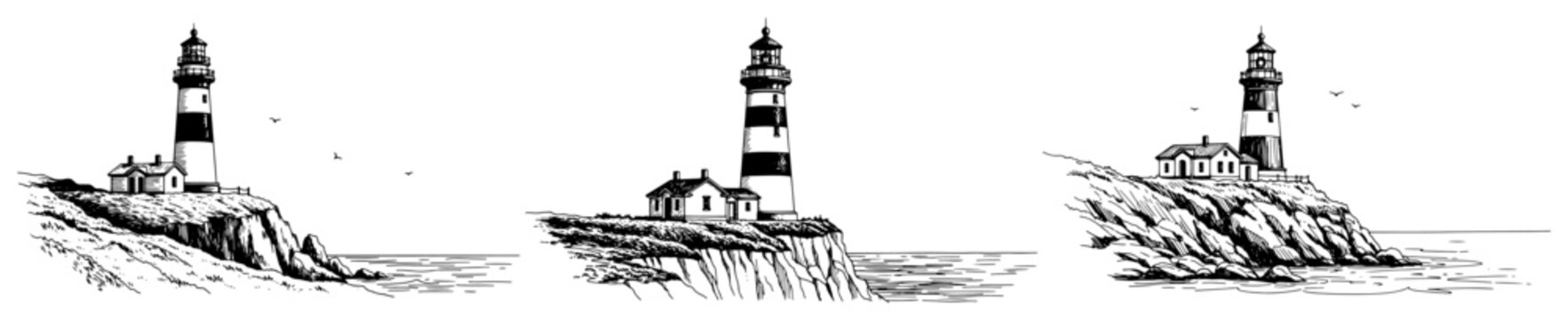 Lighthouse on rocky cliff by the ocean in black and white sketch style