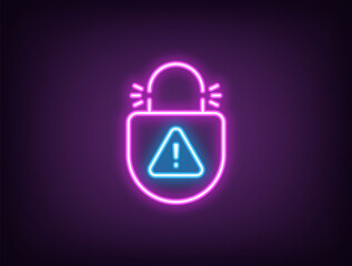 Outline neon lock picking icon, magenta blue. Neon broken lock with danger warning, destroyed digital protection. Security hacking, cyber attack guard, hacked protection of private data. Vector © Дмитрий Майер