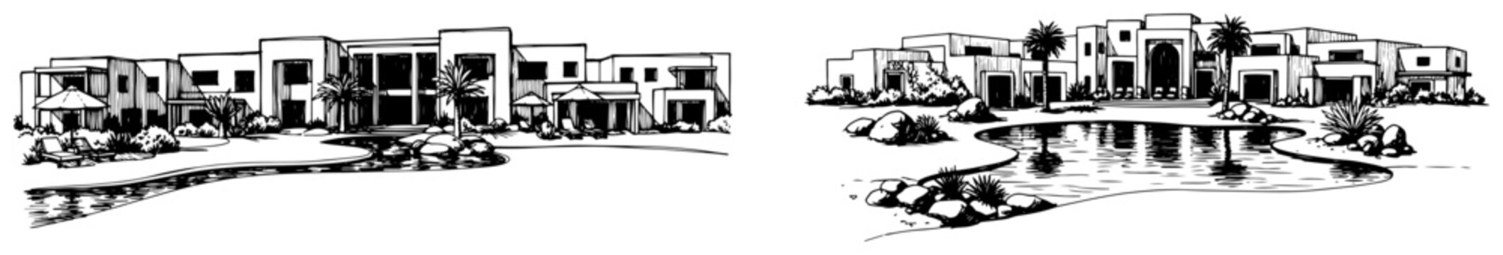 Luxury villa resort complex with swimming pool and modern architecture in black and white line art style