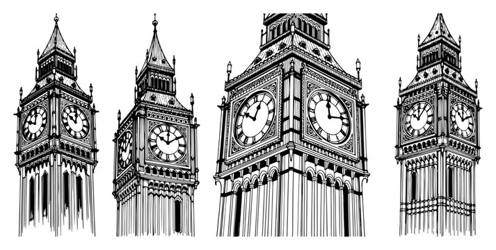 Big Ben clock tower and Elizabeth Tower landmark of London in detailed sketch style