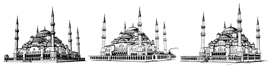 Blue Mosque landmark in Istanbul and Ottoman architecture in black and white sketch style © AnjaliDesai