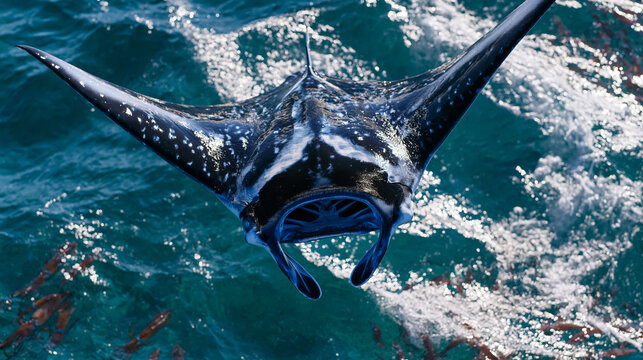 Manta ray Mobula birostris aerial framing from directly above ocean surface, cephalic fin horn pair flanking terminal mouth, spiracle and gill slit arrangement visible, cephalopod prey school displa