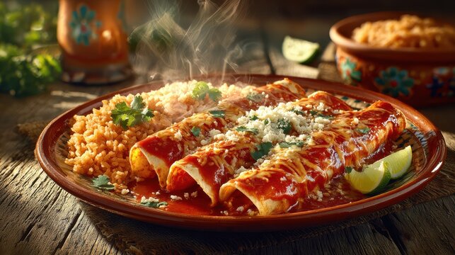 Mexican enchilada platter with red sauce, refried beans and rice on a rustic table