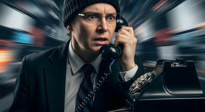 Panicked businessman receiving urgent call on vintage rotary phone. Shocked male in suit and beanie with motion blur background. Emergency communication concept