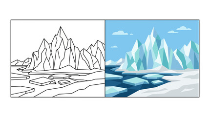 Arctic iceberg landscape in line art and flat color. © adit