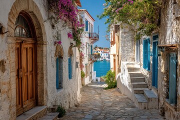 Fototapeta premium Mediterranean charm: narrow cobblestone street with pastel walls in Skiathos Old Town