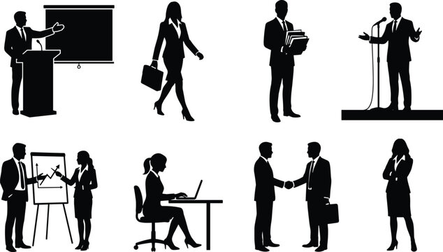 Business people vector silhouettes set featuring corporate presentation conference speech handshake and office workers isolated on white background