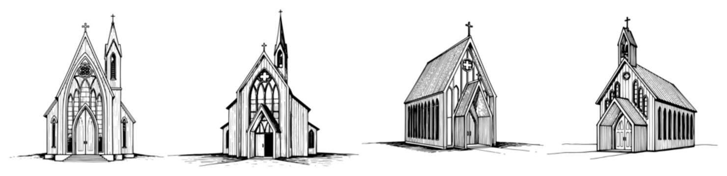 Small wooden churches and rural chapels in black and white sketch style