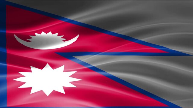 Nepalese national flag waving in wind with mountain landscape background and cloudy sky